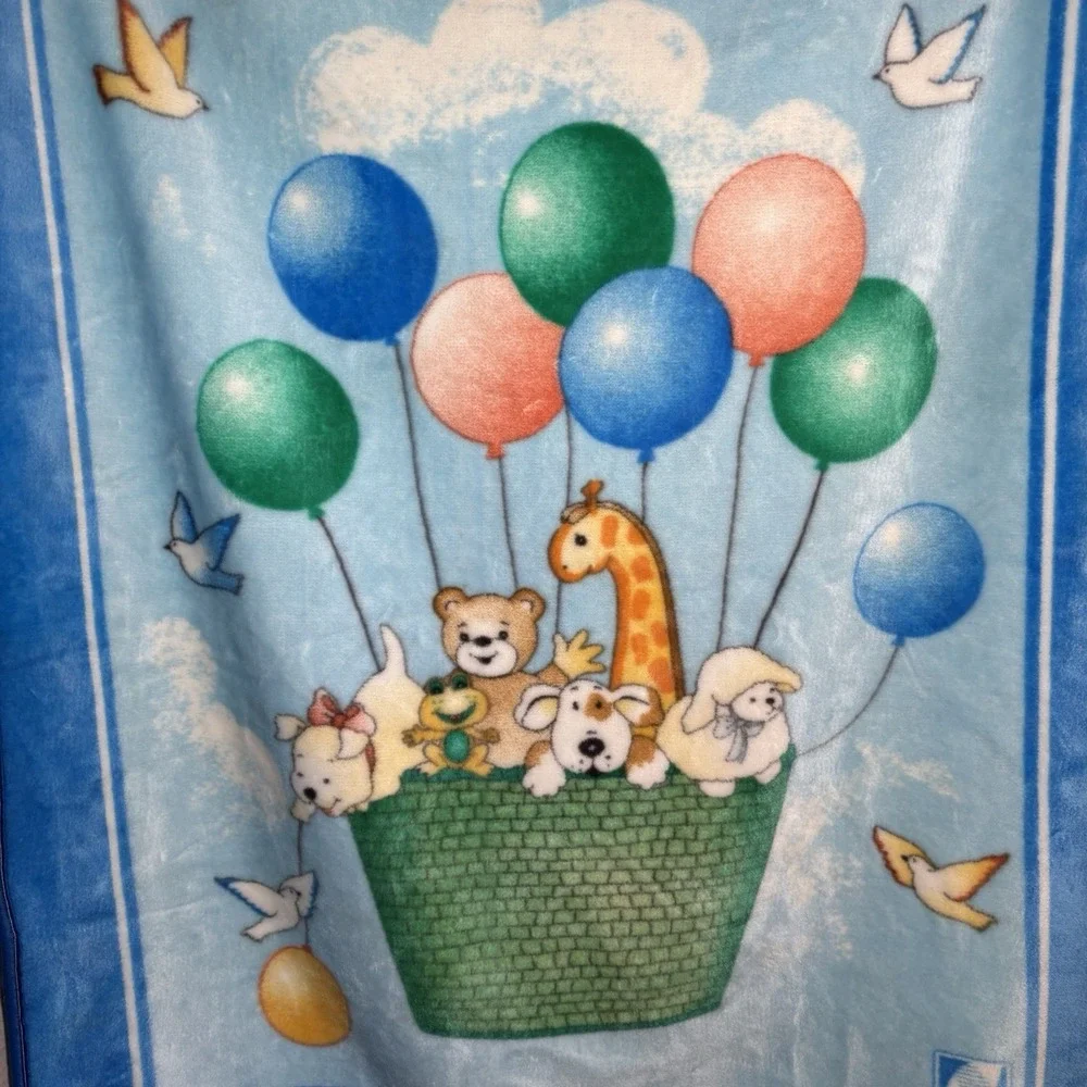 Vintage NovaTex Baby Blanket‎ Hot Air Balloon Nursery Animals Zoo Clouds 43 X 51